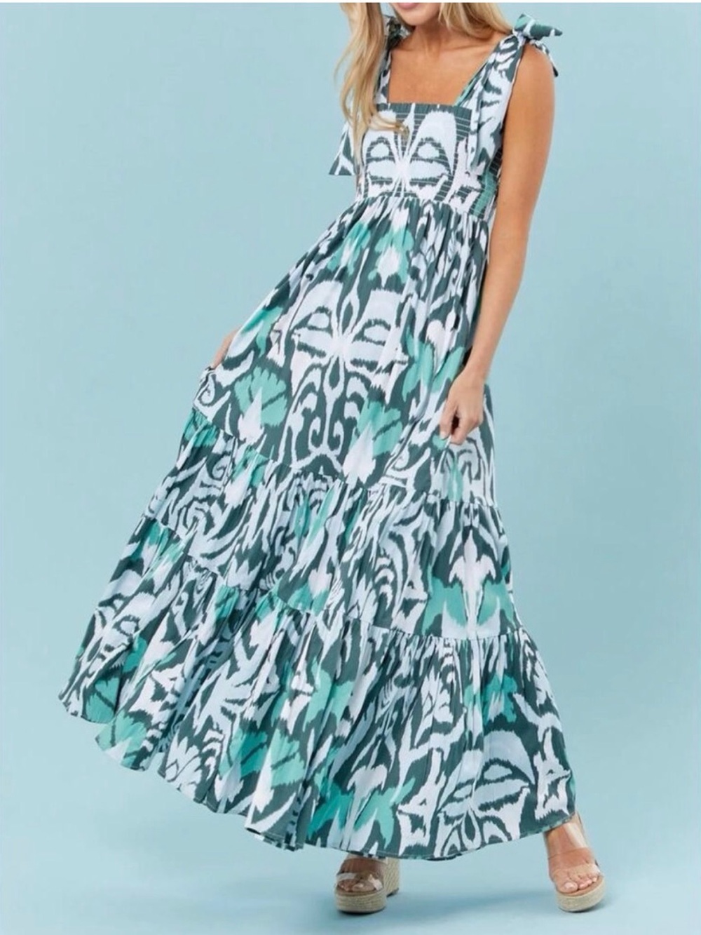 Sheridan French Kelly Dress in Blue / Green / White Ikat